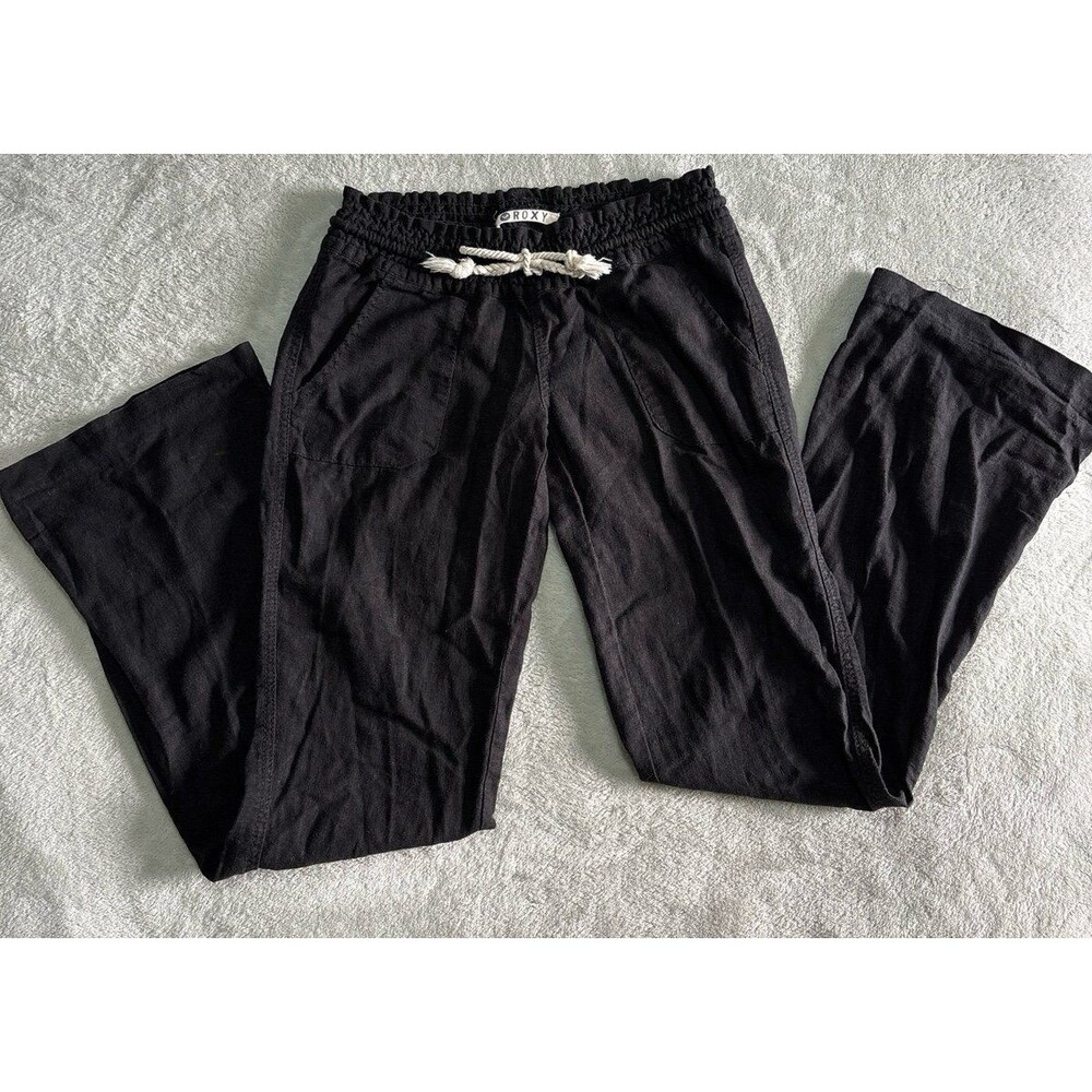 Roxy black casual linen drawstring pockets pants womens low rise Y2K millennial